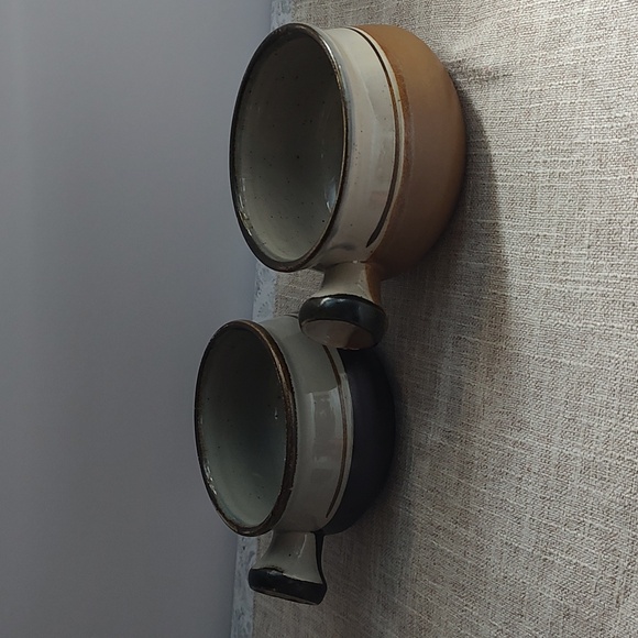 Vintage Made in Korea Speckled Stripe Pottery  MCM SOUP BOWL W/ HANDLE Set 2 - Picture 1 of 5